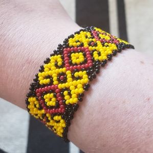 Red & Yellow Huichol Mexican Chaquira Bracelet